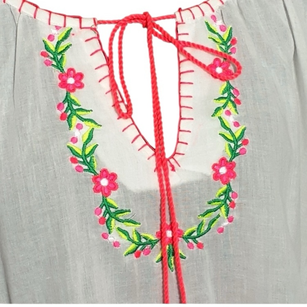 Peasant Bohemian Voile Sheer Cotton Embroidered Top Retro 70s Beachy Festival - Picture 8 of 12